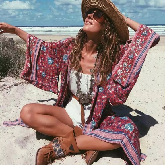 SOLD OUT Red Floral Boho Gypsy Kimono Duster Robe - Picture 5 of 8